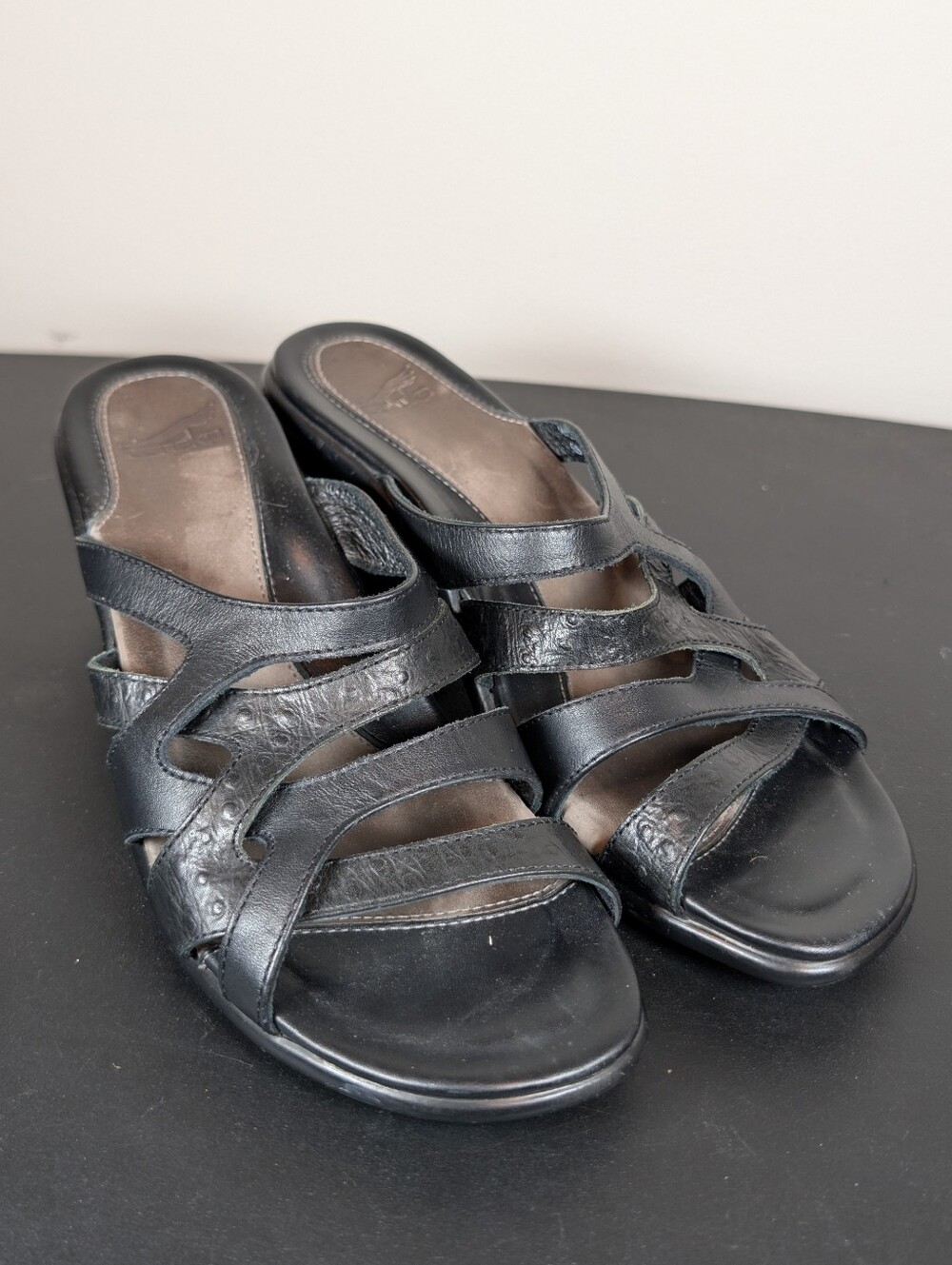 Dansko Roz Black Calf Leather Strappy Slide Sandals Mid Block Heel‎ Women's 39
